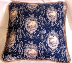 Provence French Country Cottage Toile Beige and Blue Pillow 